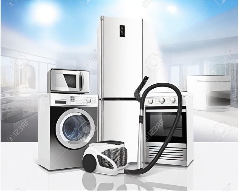 Ev aletleri Grubu beyaz buzdolabı çamaşır makinesi cam flor arka plan 3d üzerinde mikrodalga fırın elektrikli süpürge soba
