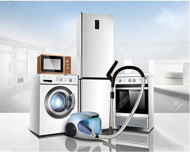 Huishoudelijke apparaten Groep van witte koelkast wasmachine fornuis magnetron oven stofzuiger op glas flor achtergrond 3d