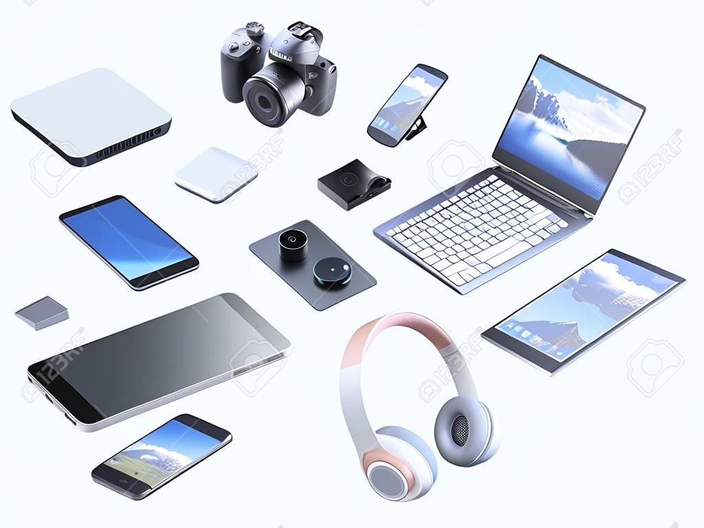 collection of consumer electronics flying in the air 3D render on white background
