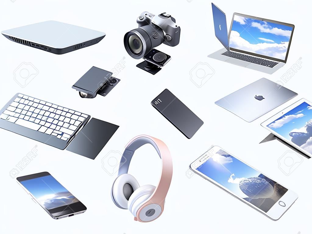 消费电子产品在空中飞舞的集合3D渲染在白色背景上