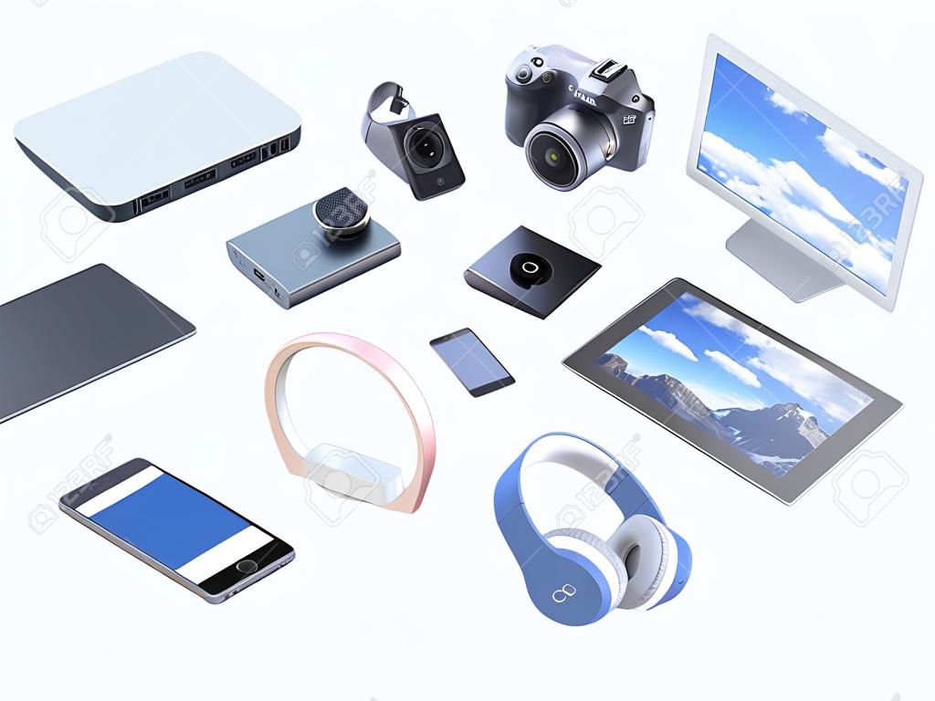 消費電子產品在空中飛舞的集合3D渲染在白色背景上