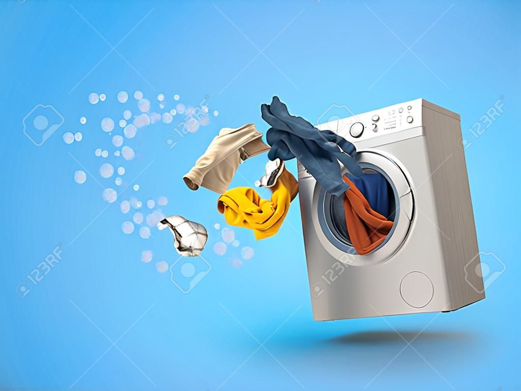洗衣机和在蓝色背景上飞的衣服