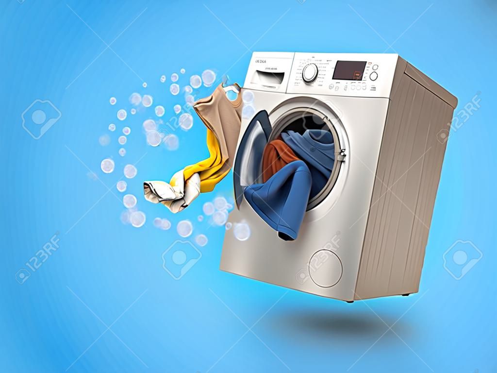 Waschmaschine und fliegende Kleidung auf blauem Hintergrund