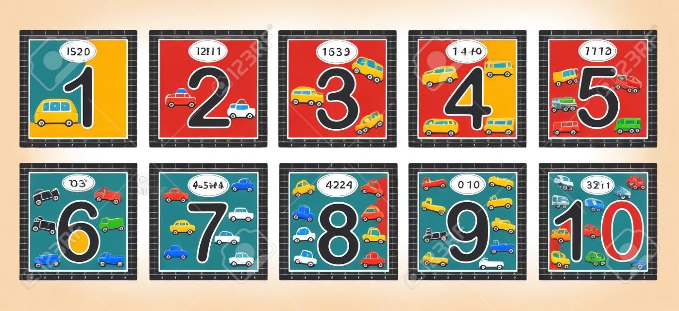 Learning numbers, mathematics with cars (transport). Flash cards with numbers from 1 to 10, set. Game for children Vector illustration.