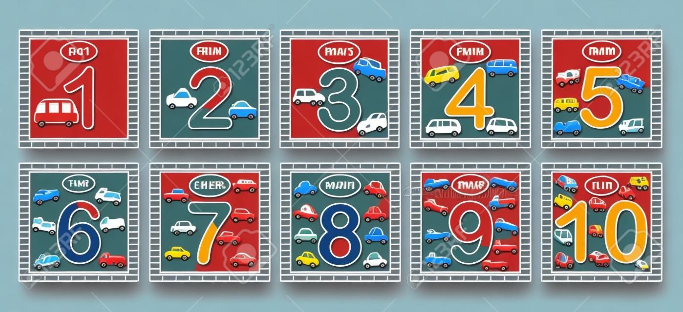 Sayıları, arabalı matematiği öğrenme (ulaşım). 1'den 10'a kadar sayılara sahip flash kartlar ayarlayın. Çocuklar için oyun Vektör çizim.