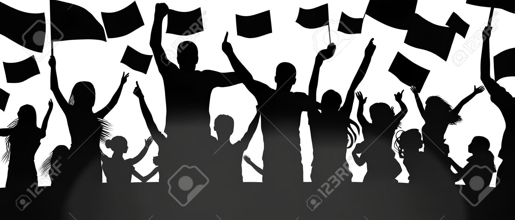 Silhouette cheer crowd people. Audience cheering applause, clapping. Cheerful sports fan. Mob soccer banner. Party music concert. Isolated vector