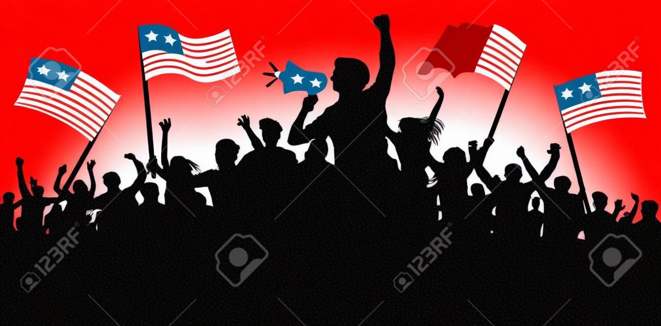 Multidão de pessoas com bandeiras, bandeiras. Esportes, multidão, fãs. Demonstração, manifestação, protesto, greve, revolução, alto-falante, chifre. Vetor de fundo de silhueta