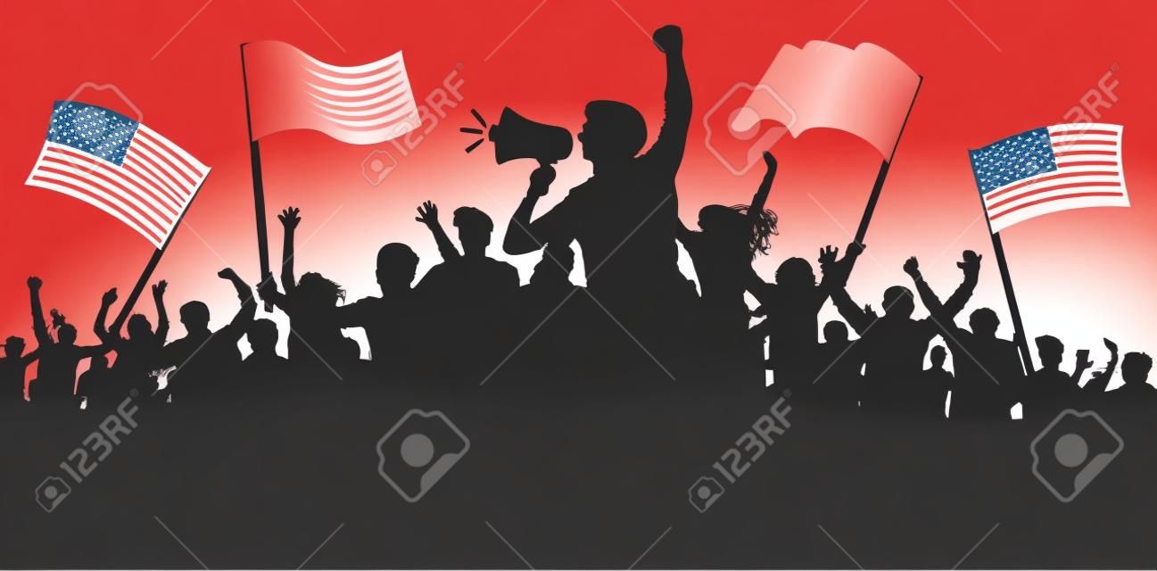 Толпа людей с флагами, знаменами. Спорт, моб, болельщики. Демонстрация, манифестация, протест, забастовка, революция, оратор, рог. Векторный фон силуэт