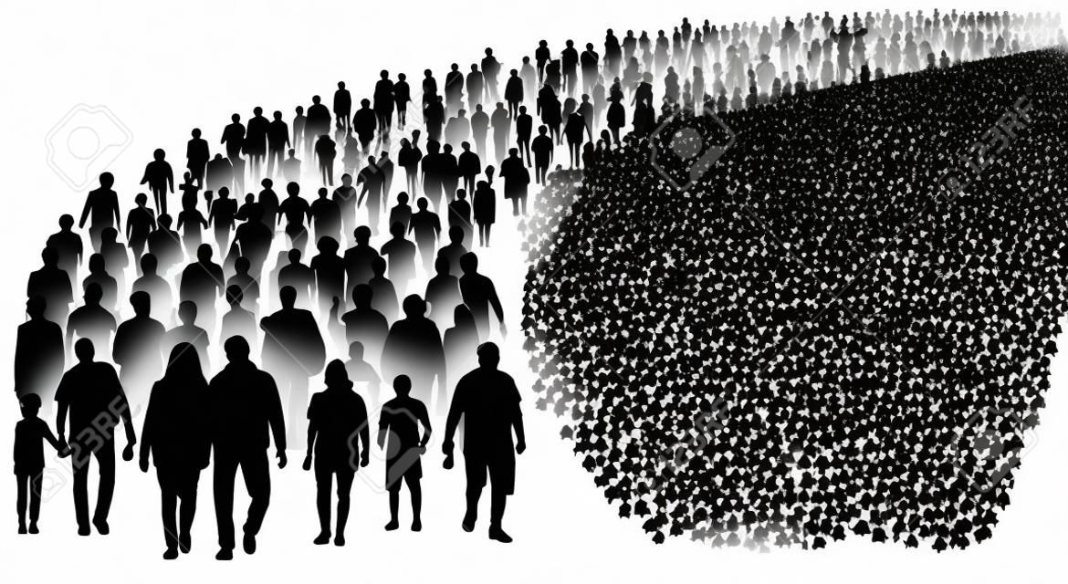 Een menigte mensen silhouet vector. Hervestiging van vluchtelingen, emigranten. Veel wandelende mensen