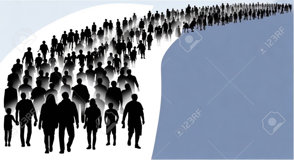 Crowd of people silhouette vector. Resettlement of refugees, emigrants. A lot of walking people