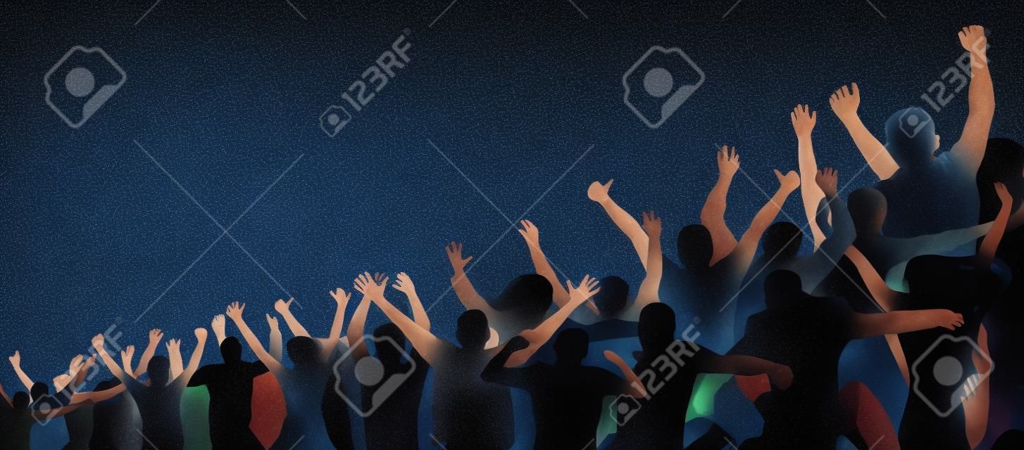 Crowd of cheerful people. Isolated, separate from each other. Hands up. Group of people. Increasing, inclined, under the slope