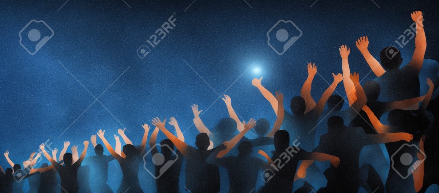 Crowd of cheerful people. Isolated, separate from each other. Hands up. Group of people. Increasing, inclined, under the slope