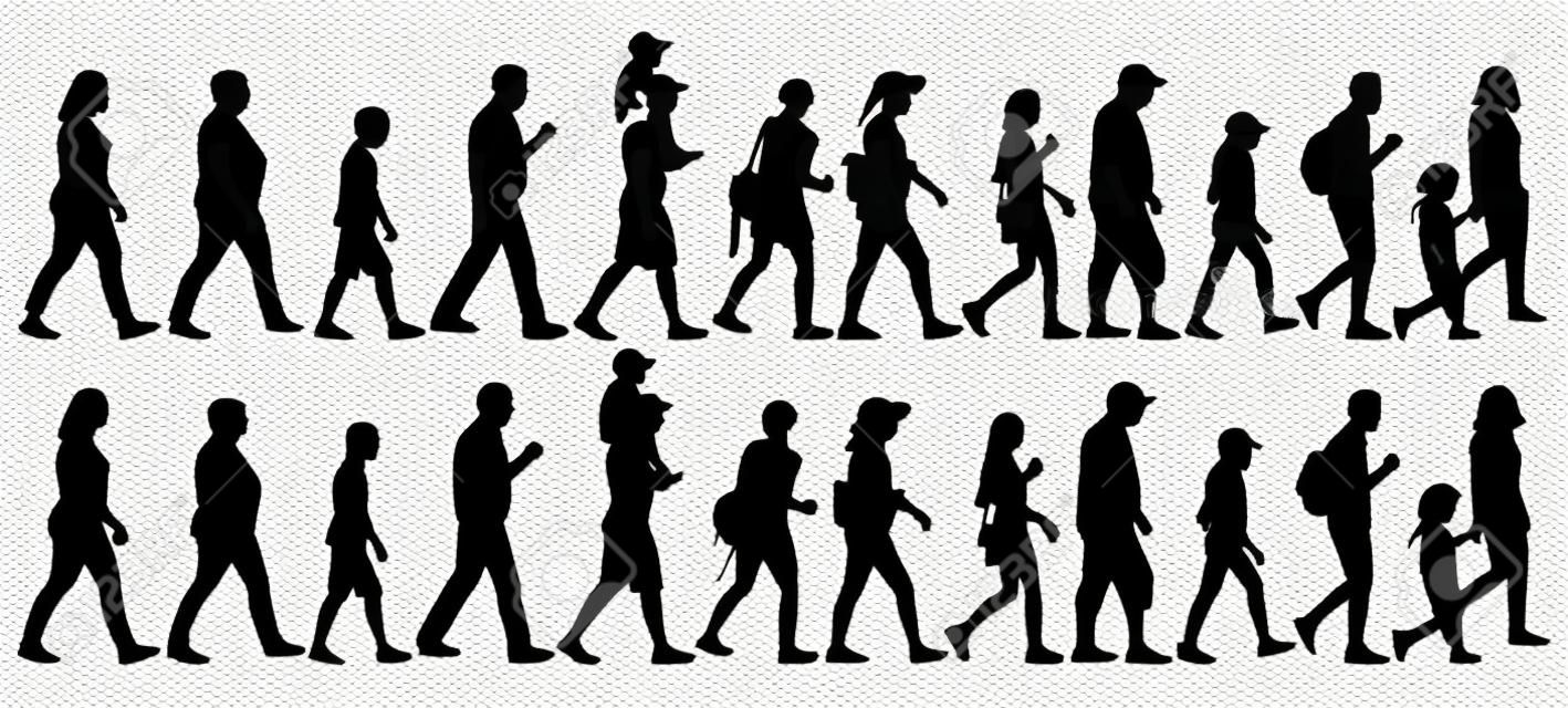 Set of walking people (crowd) and silhouettes, isolated. Vector illustration.
