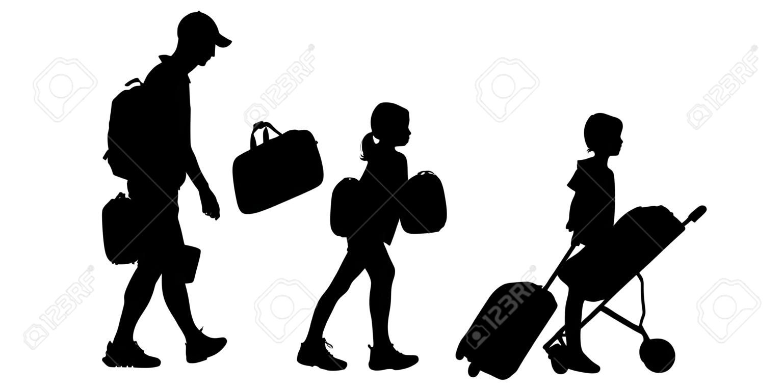 Pessoas com malas vão em uma viagem. Família com uma criança vai de férias. Silhueta do vetor