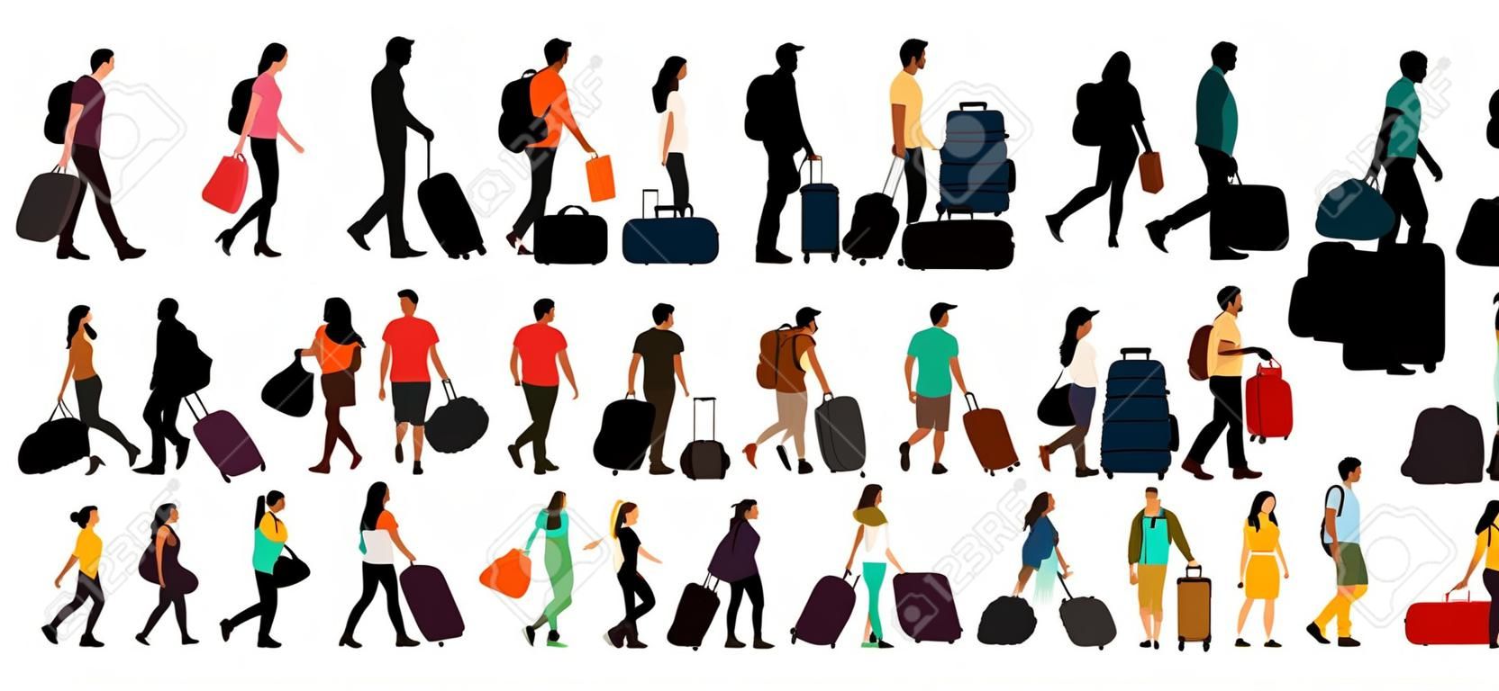 People with suitcases and bags. Isolated set on a white background. Vector silhouette illustration