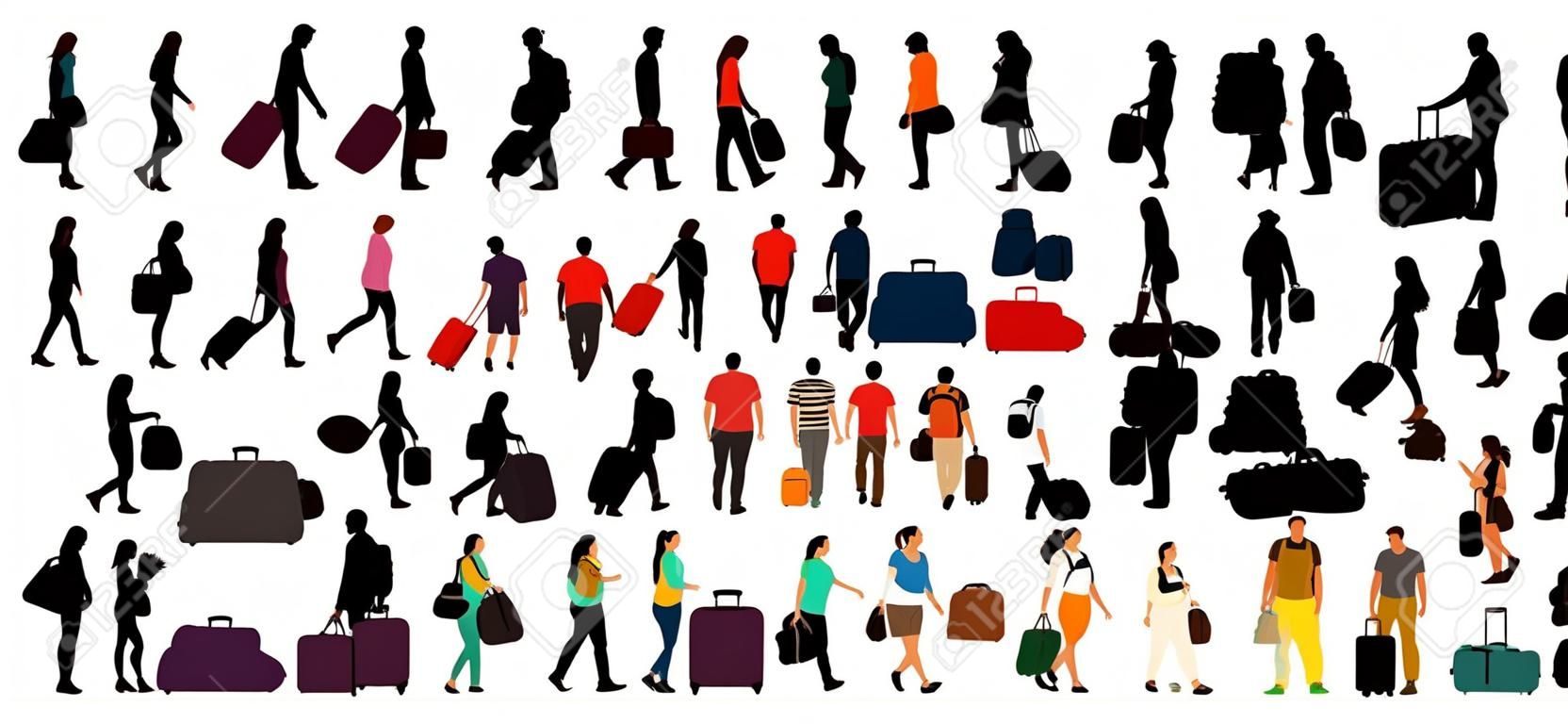 Persone con valigie e borse. Isolato su sfondo bianco. Illustrazione della siluetta di vettore
