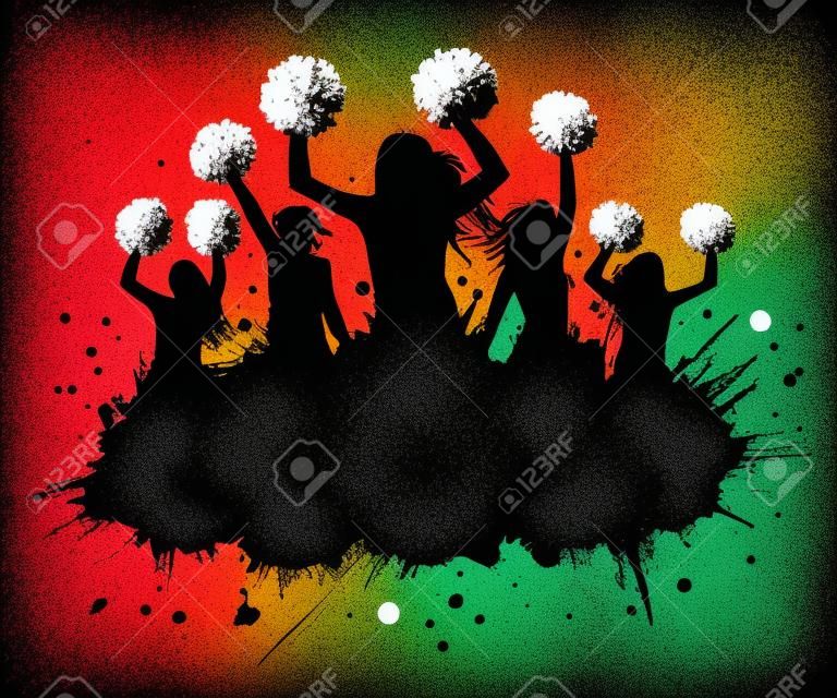 Silhouette of cheerleaders with pompoms and grunge blots, elements. Cheerleading sport. vector illustration
