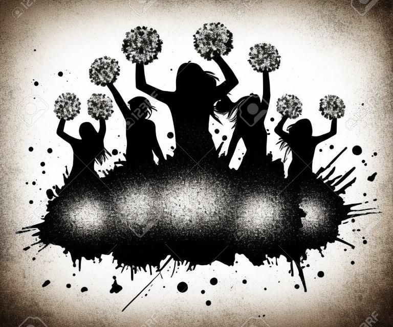 Silhouette of cheerleaders with pompoms and grunge blots, elements. Cheerleading sport. vector illustration