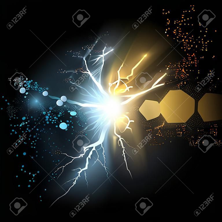 벡터 일러스트 레이 션. 파란색과 금색 마법 플라즈마의 두 가지 힘의 충돌. 냉온 에너지 할당. 전기 붕괴. 투명 한 배경에 고립 된 두 개의 공 번개의 플래시.
