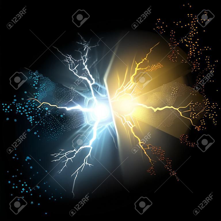 Vektor-Illustration. Kollision zweier Kräfte aus blauem und goldenem magischem Plasma. Zuteilung von kalter und warmer Energie. Elektrischer Zusammenbruch. Blitz mit zwei Kugelblitzen lokalisiert auf einem transparenten Hintergrund.
