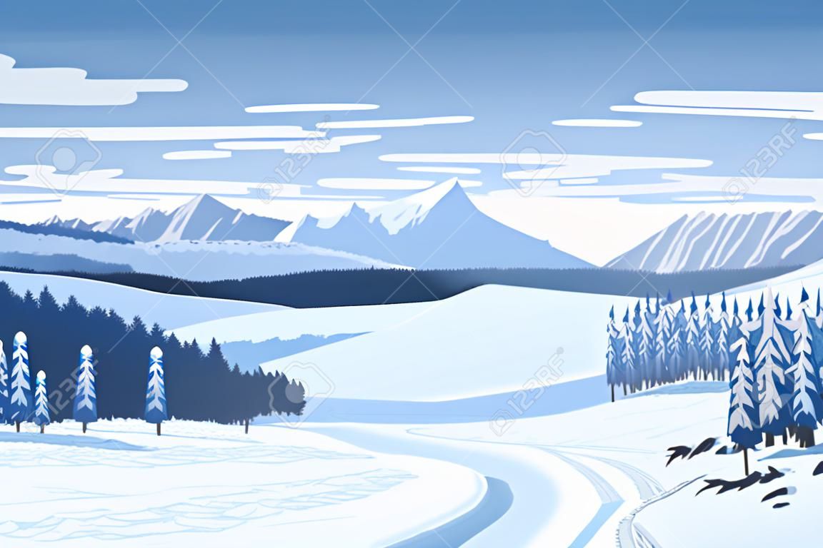 冬景色の山々、森林、雪と高品質に水平のシームレスな背景。