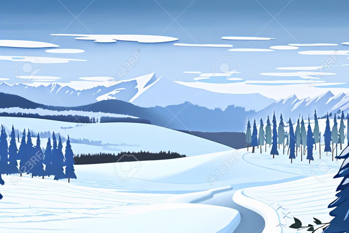 冬景色の山々、森林、雪と高品質に水平のシームレスな背景。