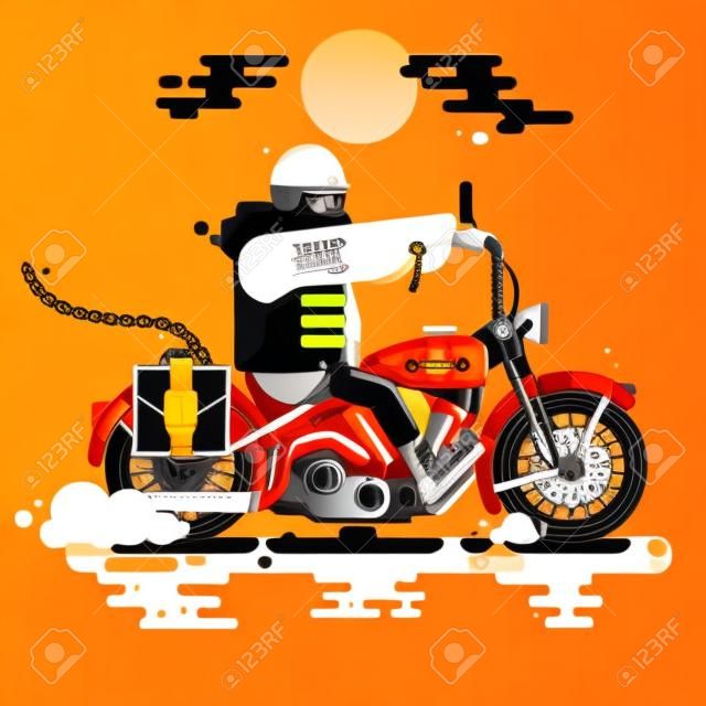 Motociclista que monta com capacete do corredor na ilustração plana do vetor da motocicleta