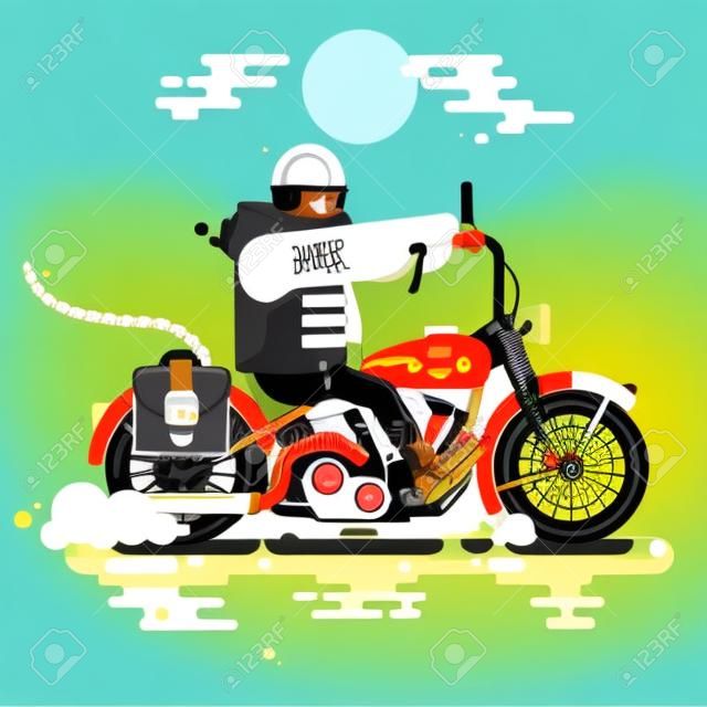 Biker riding with racer helmet on motorcycle flat vector illustration