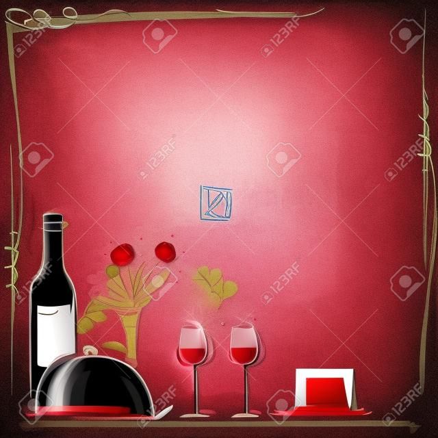 Romantic dinner card illustration with wine and food for lovers. background for text