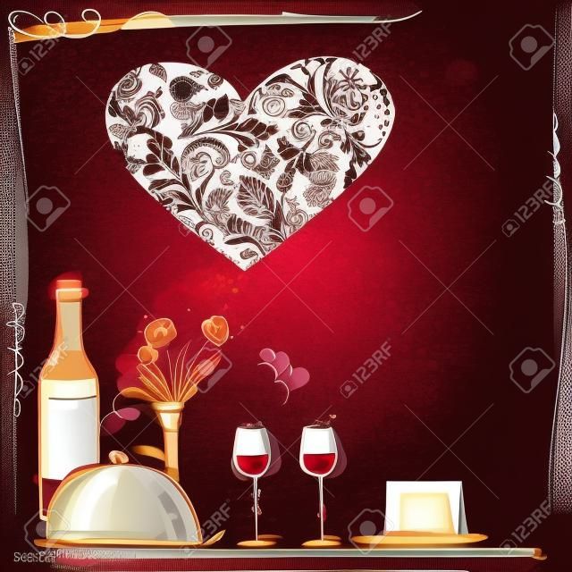 Romantique illustration de carte de dîner avec du vin et de la nourriture pour les amateurs. arrière-plan de texte,