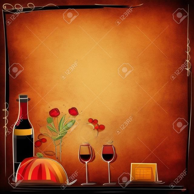 Romantic dinner card illustration with wine and food for lovers. background for text