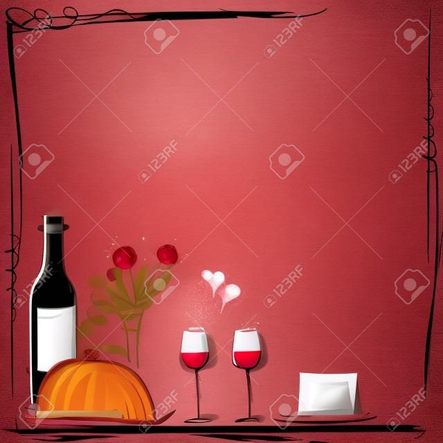 Romantic illustrazione carta cena con vino e cibo per gli amanti. sfondo per il testo