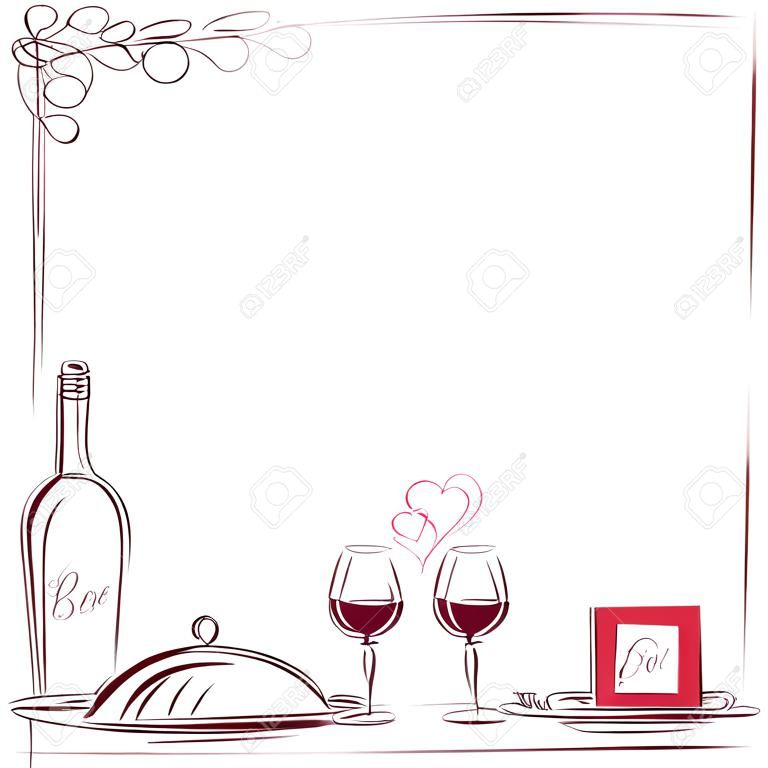 Ejemplo de la tarjeta romántica cena con vino y comida para los amantes. Fondo para el texto