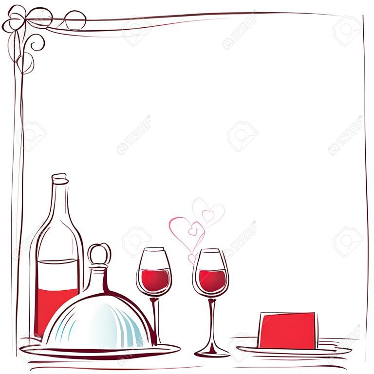 ワイン愛好家のための食糧とロマンチックなディナーのカード イラスト。テキストの背景