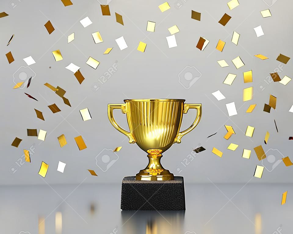 Trofeo dei vincitori d'oro, coppa del campione con coriandoli che cadono su sfondo grigio. Rendering 3D