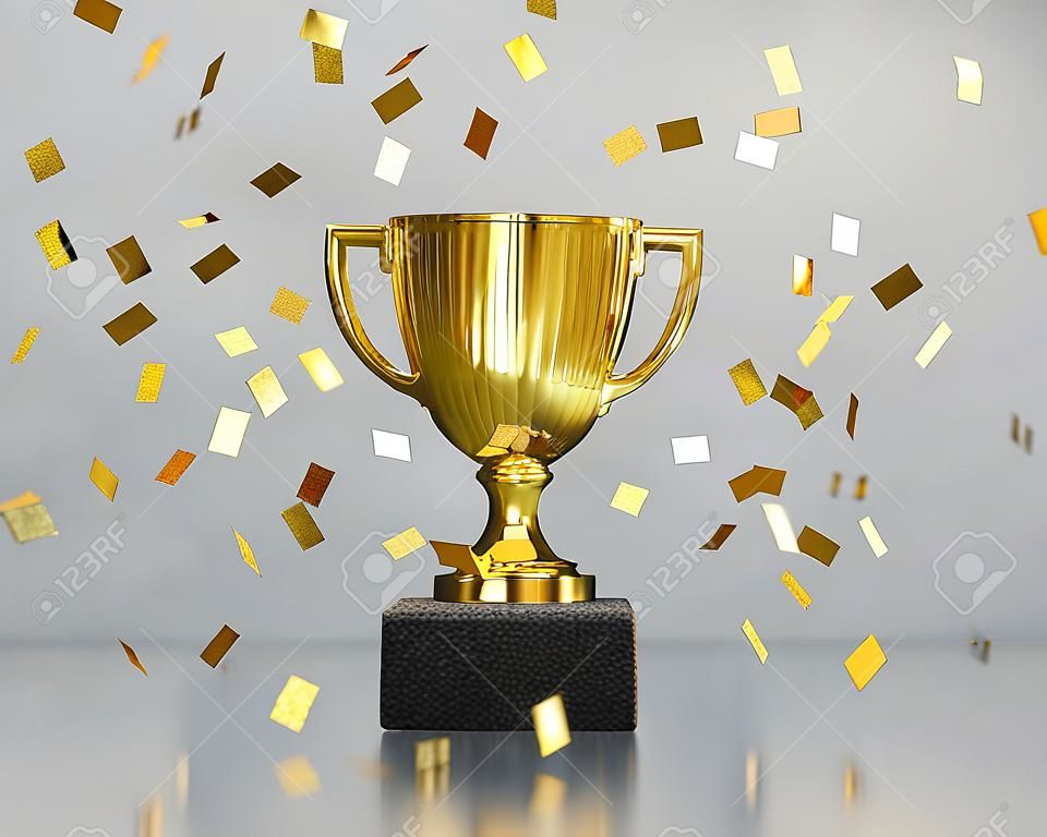 Złote trofeum zwycięzcy, puchar mistrza z spadającym konfetti na szarym tle. renderowanie 3D