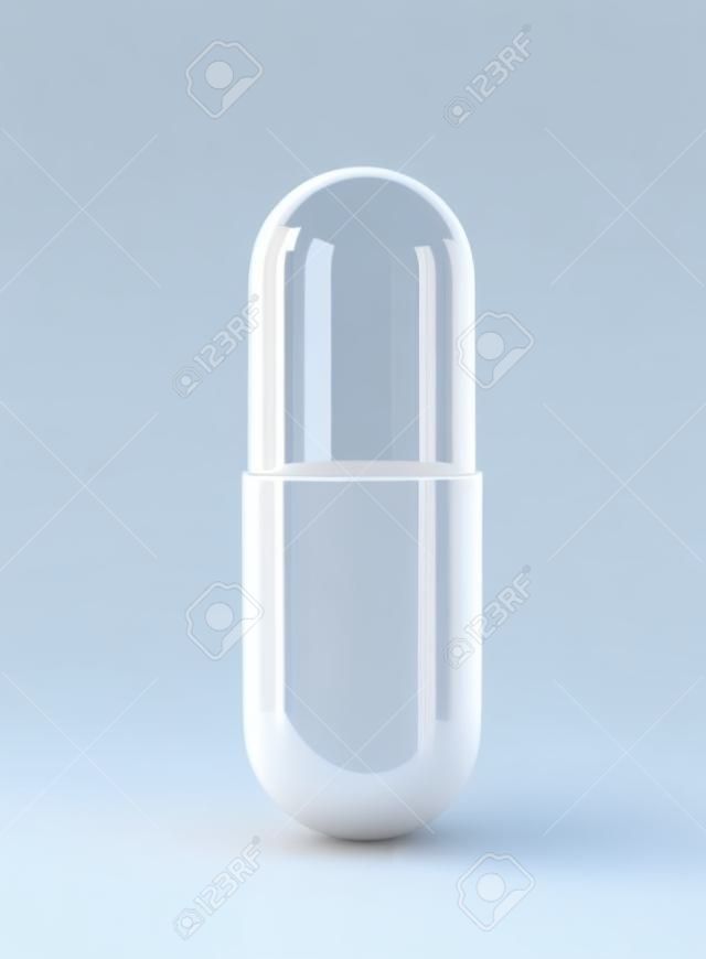 Capsule blanche et en verre vide, pilule médicale isolée sur blanc. Rendu 3D