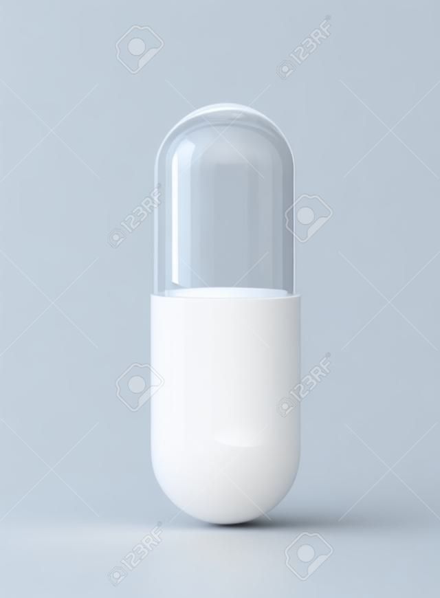 Capsula vuota bianca e di vetro, pillola medica isolata su bianco. Rendering 3D