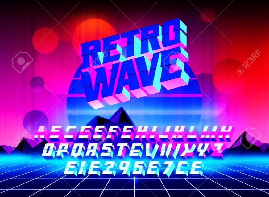 Cool cyber typeface Retro wave with cyberspace synth neon landscape. Good for bright captions and unforgettable logos.