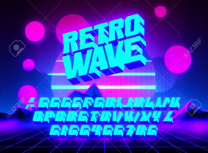 Cool cyber typeface Retro wave with cyberspace synth neon landscape. Good for bright captions and unforgettable logos.