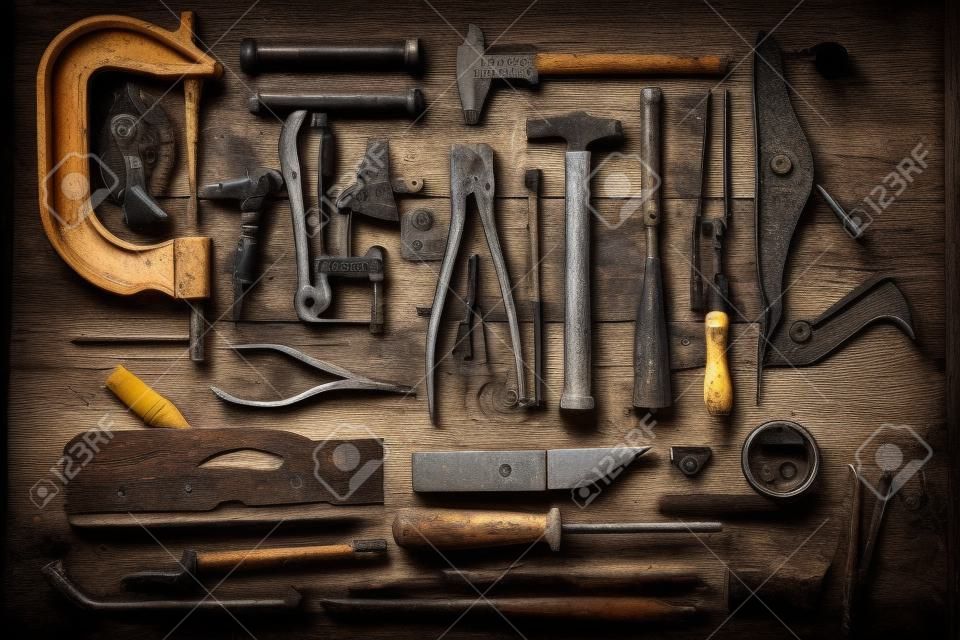 Antiguas herramientas de construcción en un banco de trabajo de madera de  fondo plano. mesa de carpintero. carpintería 4953532 Foto de stock en  Vecteezy