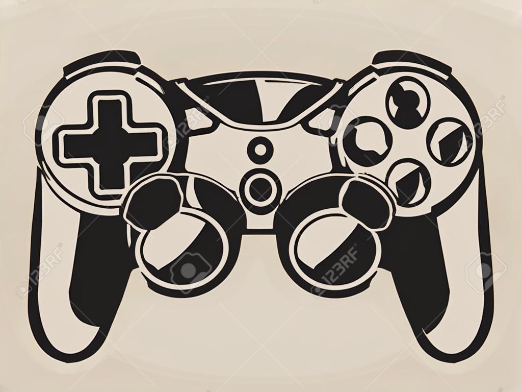 Black and white illustration of a gaming controller
