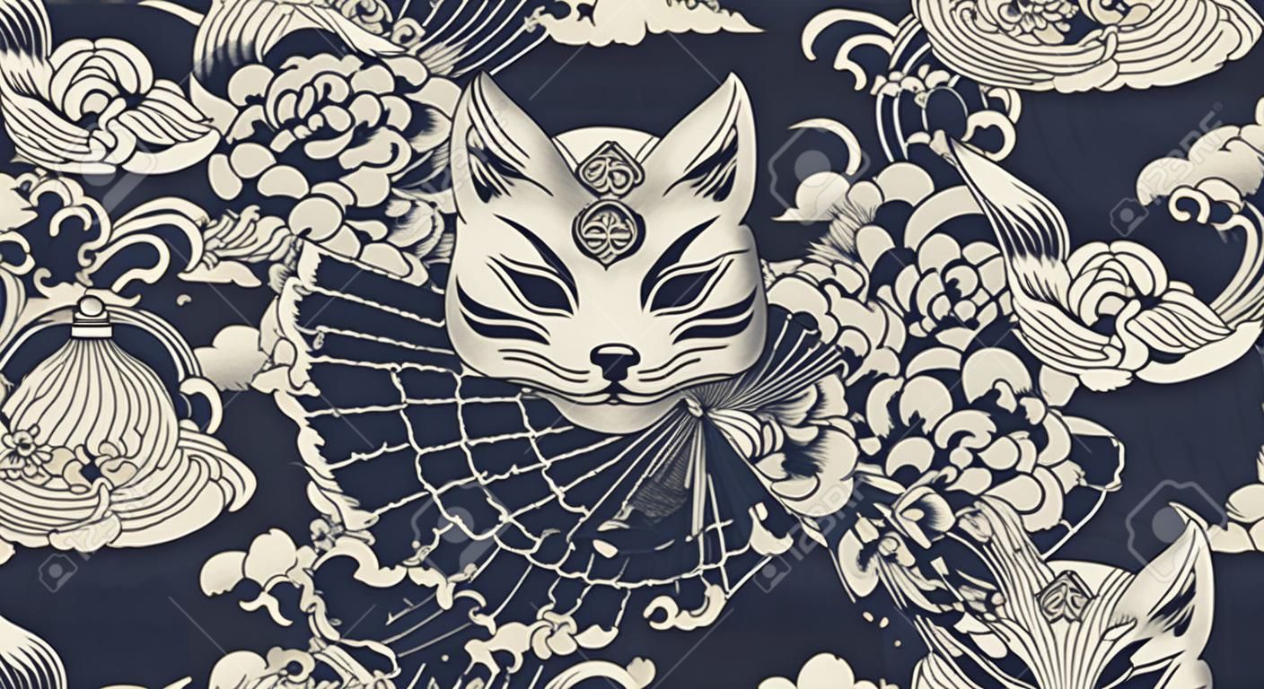 Monochromatyczny wzór z maską kitsune o tematyce japońskiej. wszystkie kolory są w osobnej grupie. idealny do drukowania na tkaninach i dekoracjach