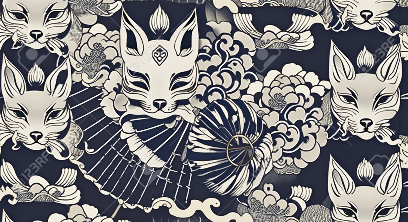Monochromatyczny wzór z maską kitsune o tematyce japońskiej. wszystkie kolory są w osobnej grupie. idealny do drukowania na tkaninach i dekoracjach