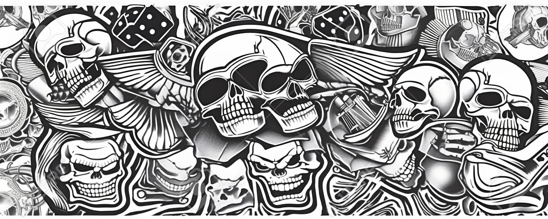 Seamless tattoo background with a skull, mask, tattoo machine, and other elements tattoo. Ideal for printing for fabric, wall decoration, and many other uses