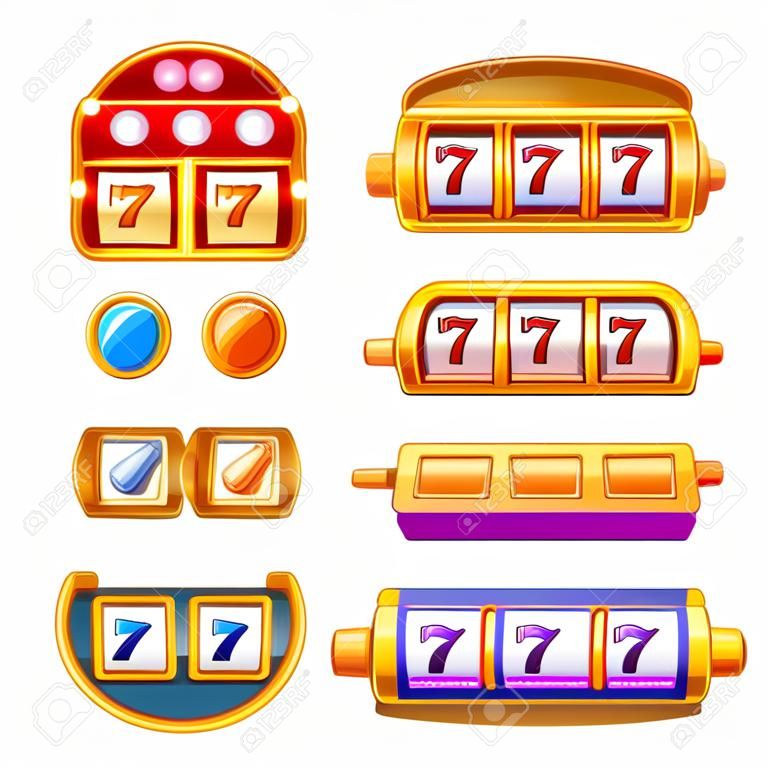 Slot machine icons set. Cartoon set of slot machine vector icons for web design