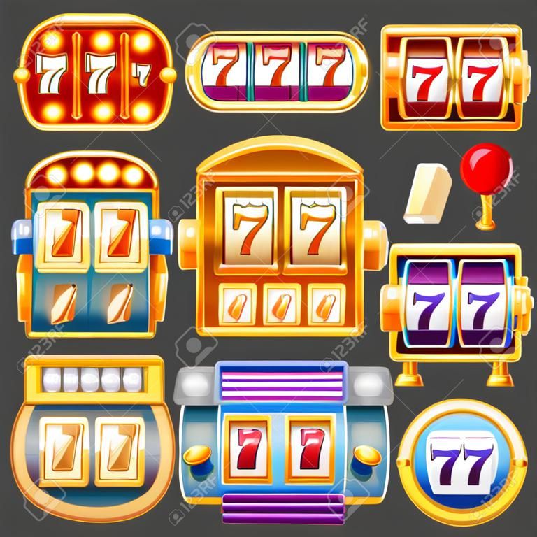 Slot machine icons set. Cartoon set of slot machine vector icons for web design