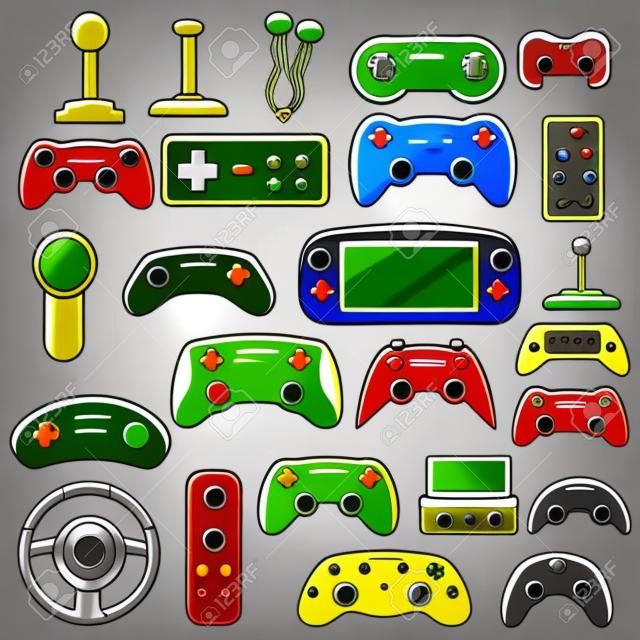 Icone del joystick impostate. Set di cartoni animati di icone vettoriali joystick per il web design