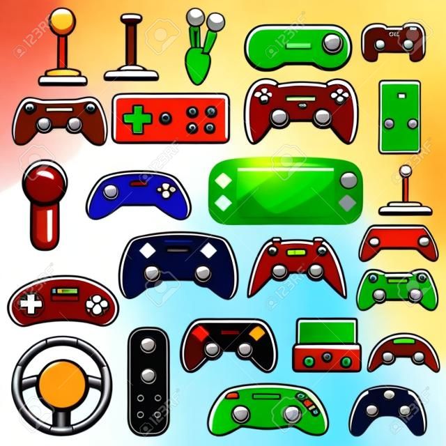 Icone del joystick impostate. Set di cartoni animati di icone vettoriali joystick per il web design