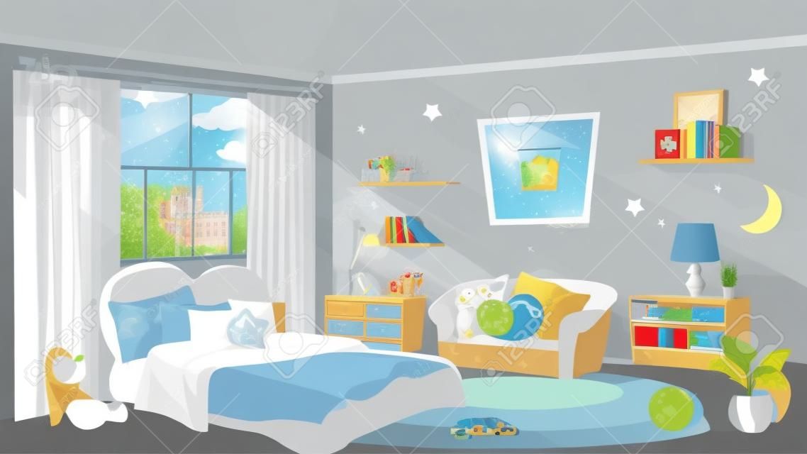 子供の寝室は平らなベクトルのイラストを提供する。窓から柔らかい光を流す月。女の子のアパートのインテリア。クッション付きのかわいいベッドとソファ。壁に装飾的な星と雲